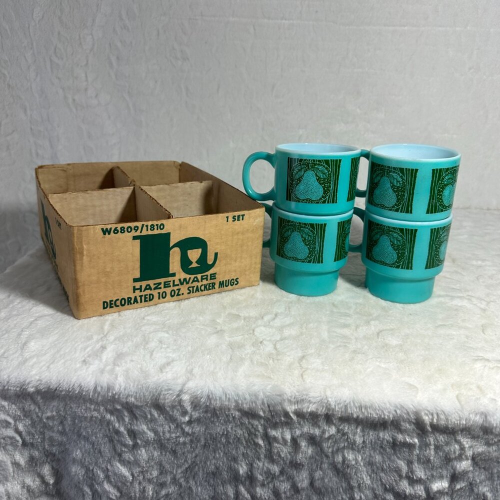 4 Vintage Teal Blue Stackable Coffee Mug Cups Turquoise Hazelware Fruit W6809 - Picture 11 of 12